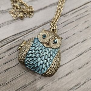Y2K Gold and Blue Owl Pendant Necklace